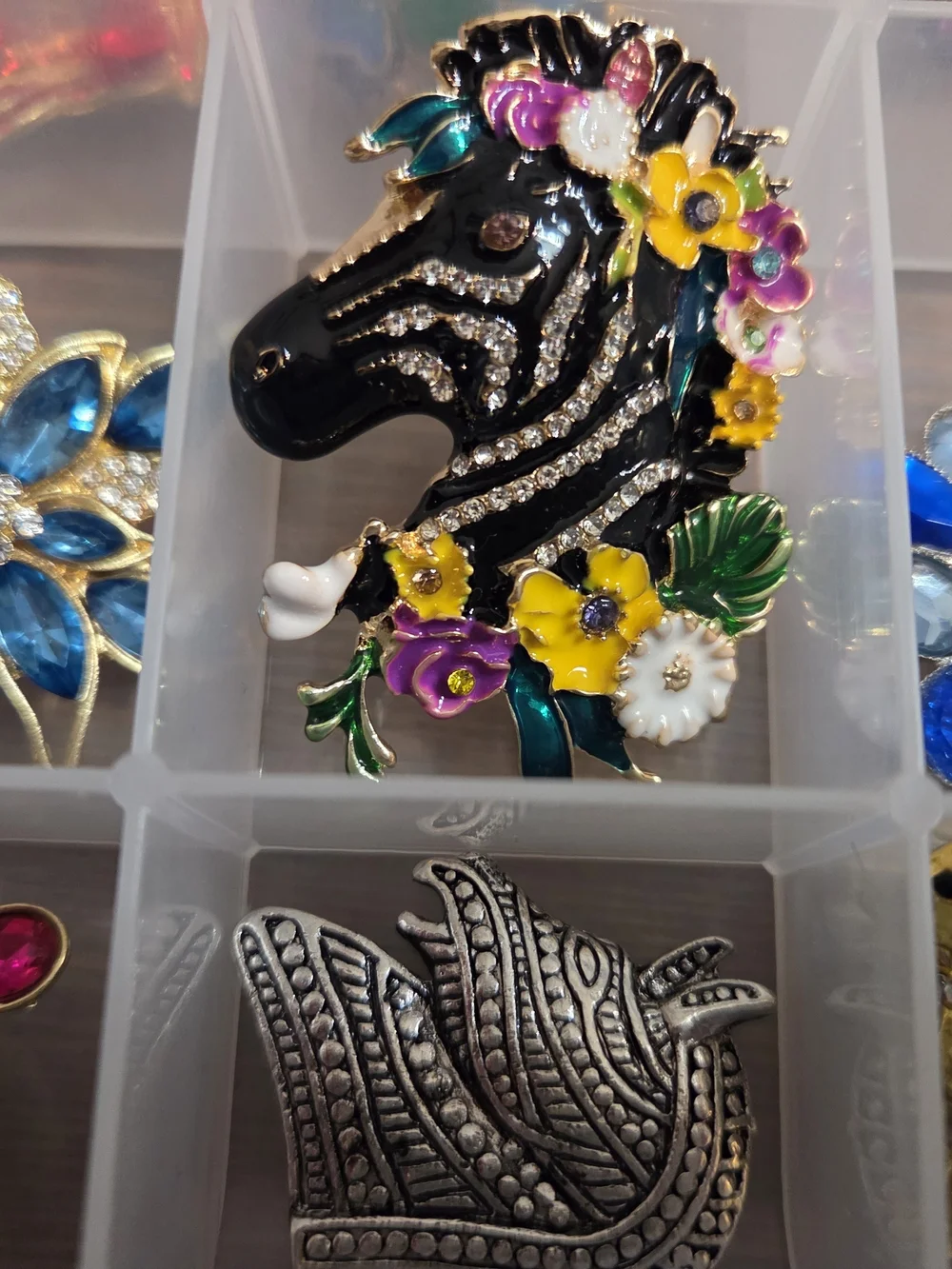 35 Assorted Floral and Gemstone Enamel Brooch — Black, Blue, Green Accents